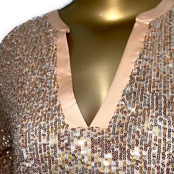 Scoop XL (16-18) plus Rose Gold stretch Sequined Dress. L/S - Picture 4 of 12